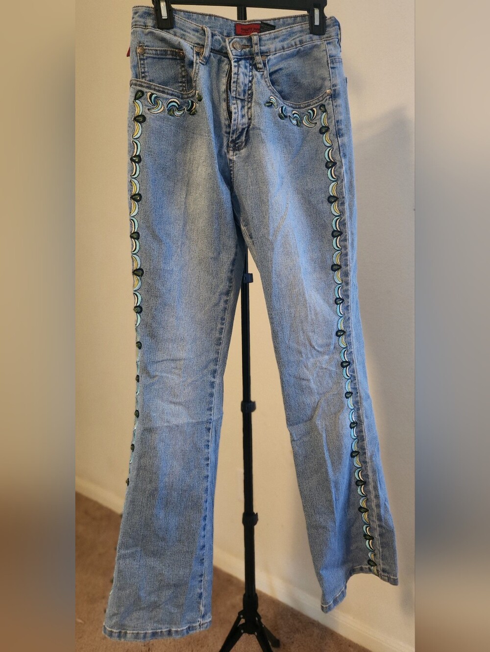 Light Blue Embroidered Flare Jeans with Crescent Trim